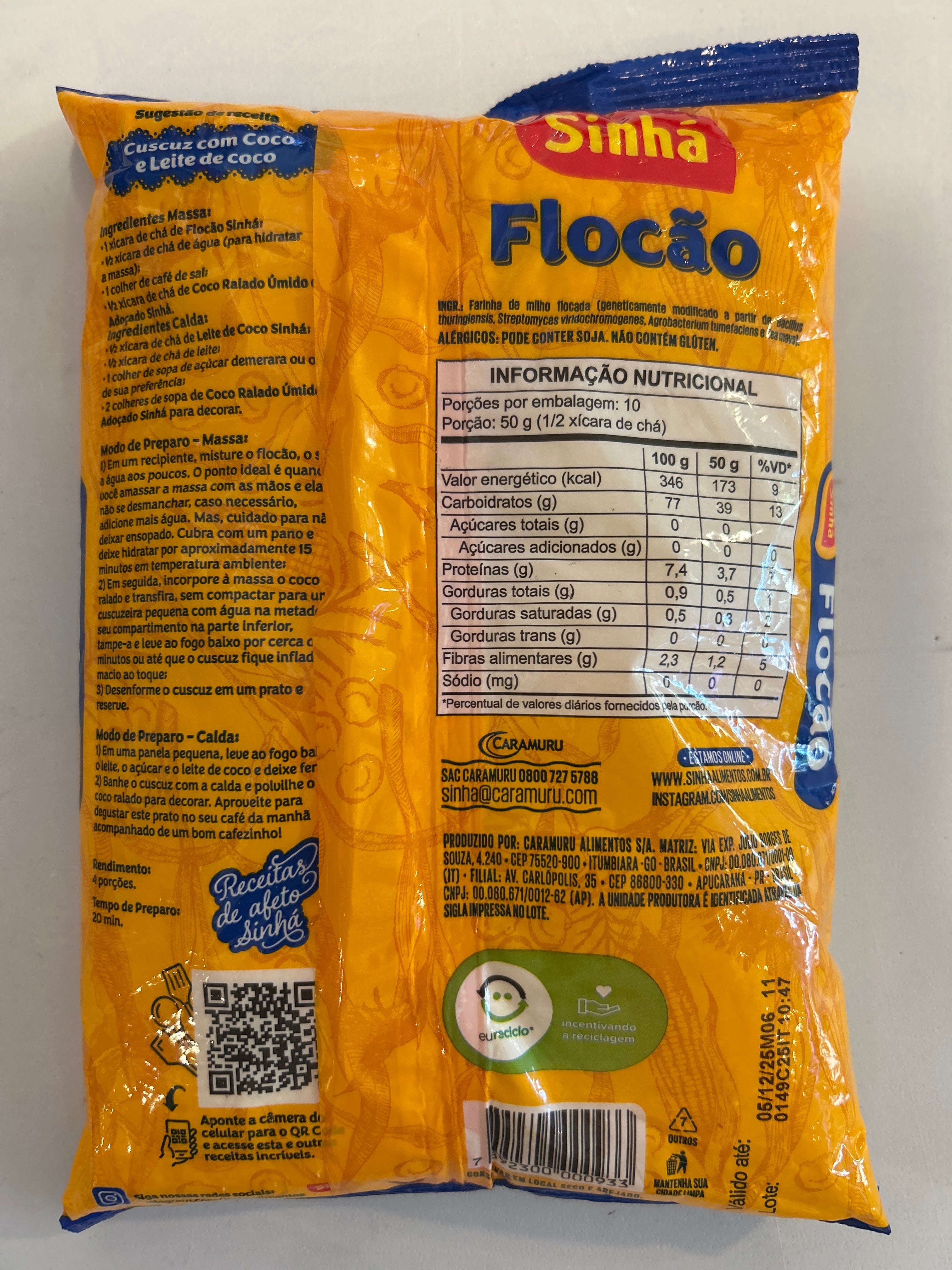 Combo - Farinha de Milho Flocão (Flocons de maïs) - SINHÁ - 500 g - Compre 3 unidades e ganhe 10% de desconto