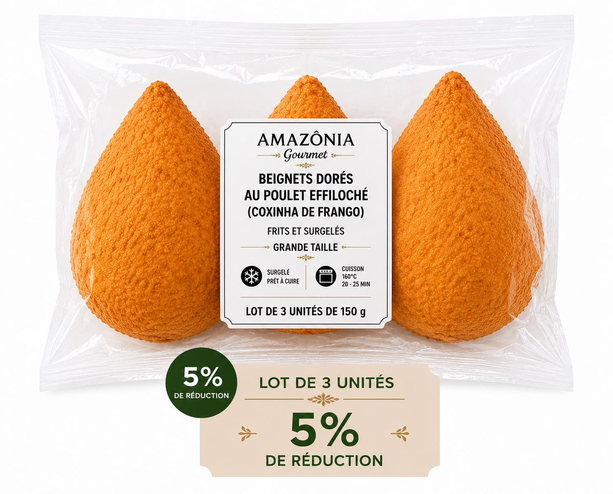 Beignets dorés au poulet effiloché (Coxinha de Frango) – frits et surgelés – Grande taille – Pack de 3 – 3 unités de 150 g (450 g)