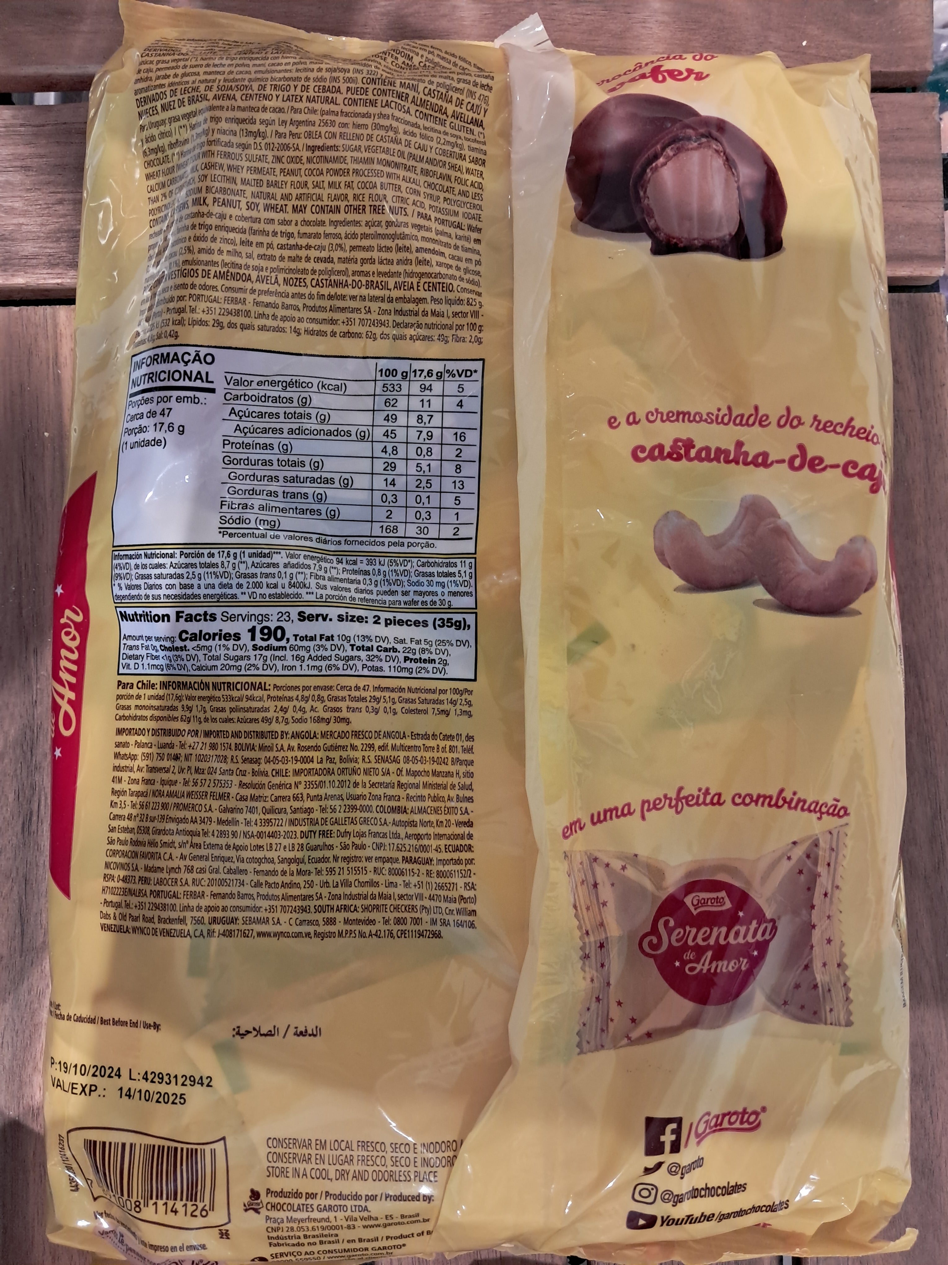 Chocolate wafer with cashew nut filling (Bombom Serenata de Amor) - GAROTO - unit