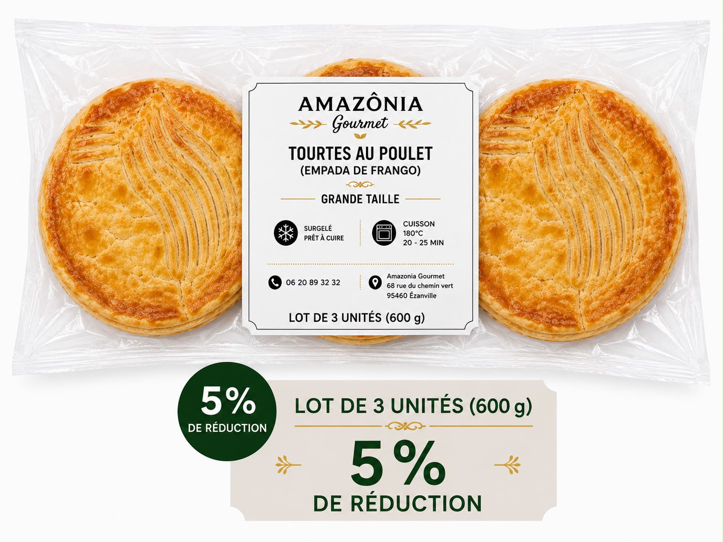 Tourtes au poulet (Empada de frango) – Grande Taille – Pack de 3 – 3 unités de 200g (600 g)