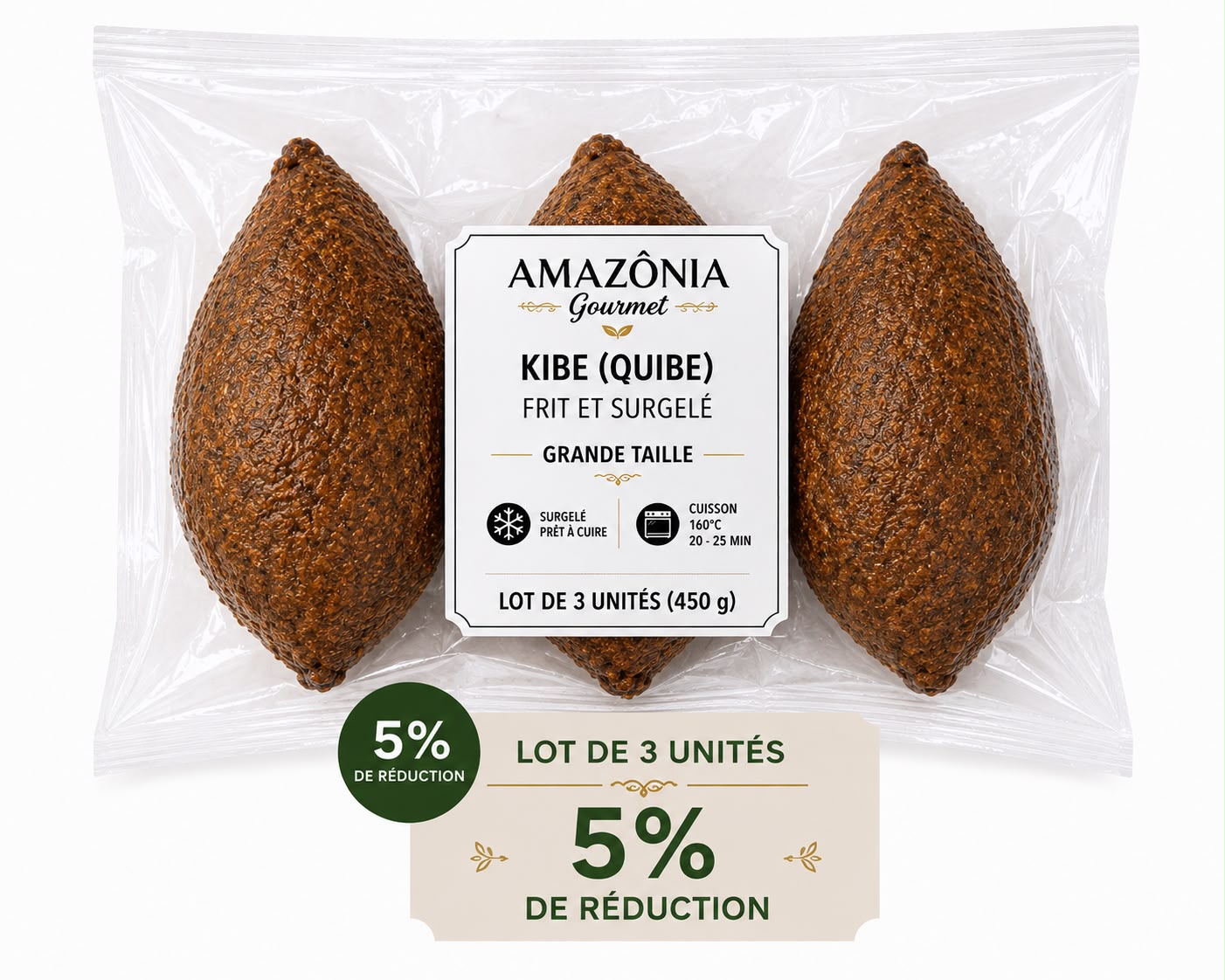 Kibe (Quibe) frit et surgelé – Grande taille – Pack de 3 – 3 unités (450 g)