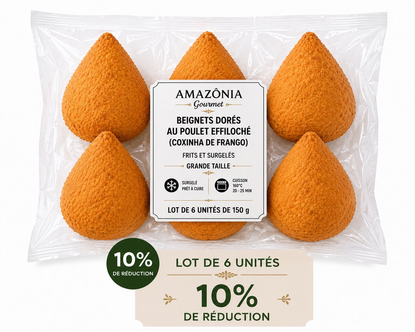 Beignets dorés au poulet effiloché (Coxinha de Frango) – frits et surgelés – Grande taille – Pack de 6 – 6 unités de 150 g (900 g)