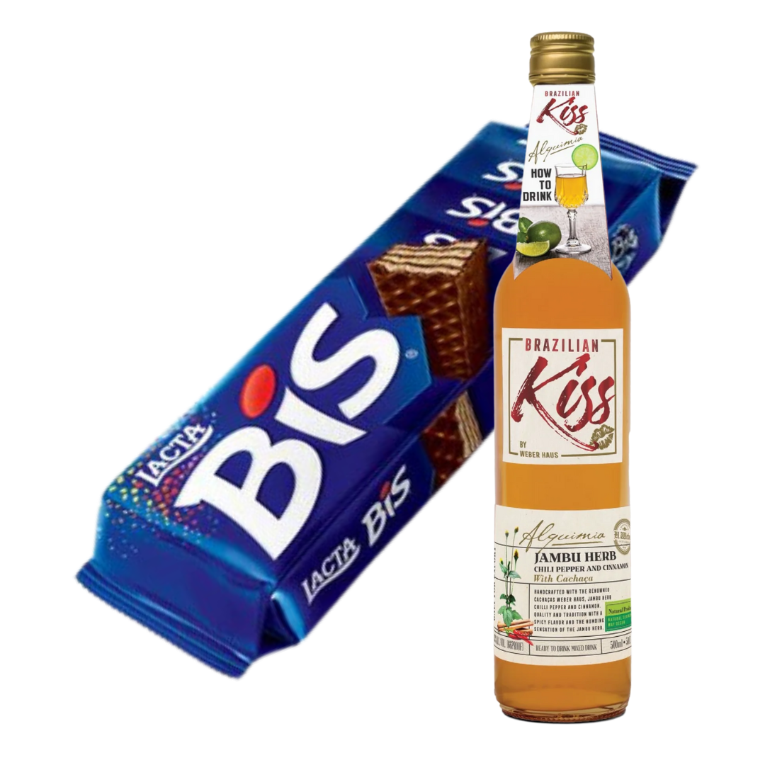 Perfect Combination - Traditional BIS Chocolate - LACTA - 100.8g + Mixed Cachaça with JAMBU "Brazilian Kiss" - WEBER HAUS - 500ml