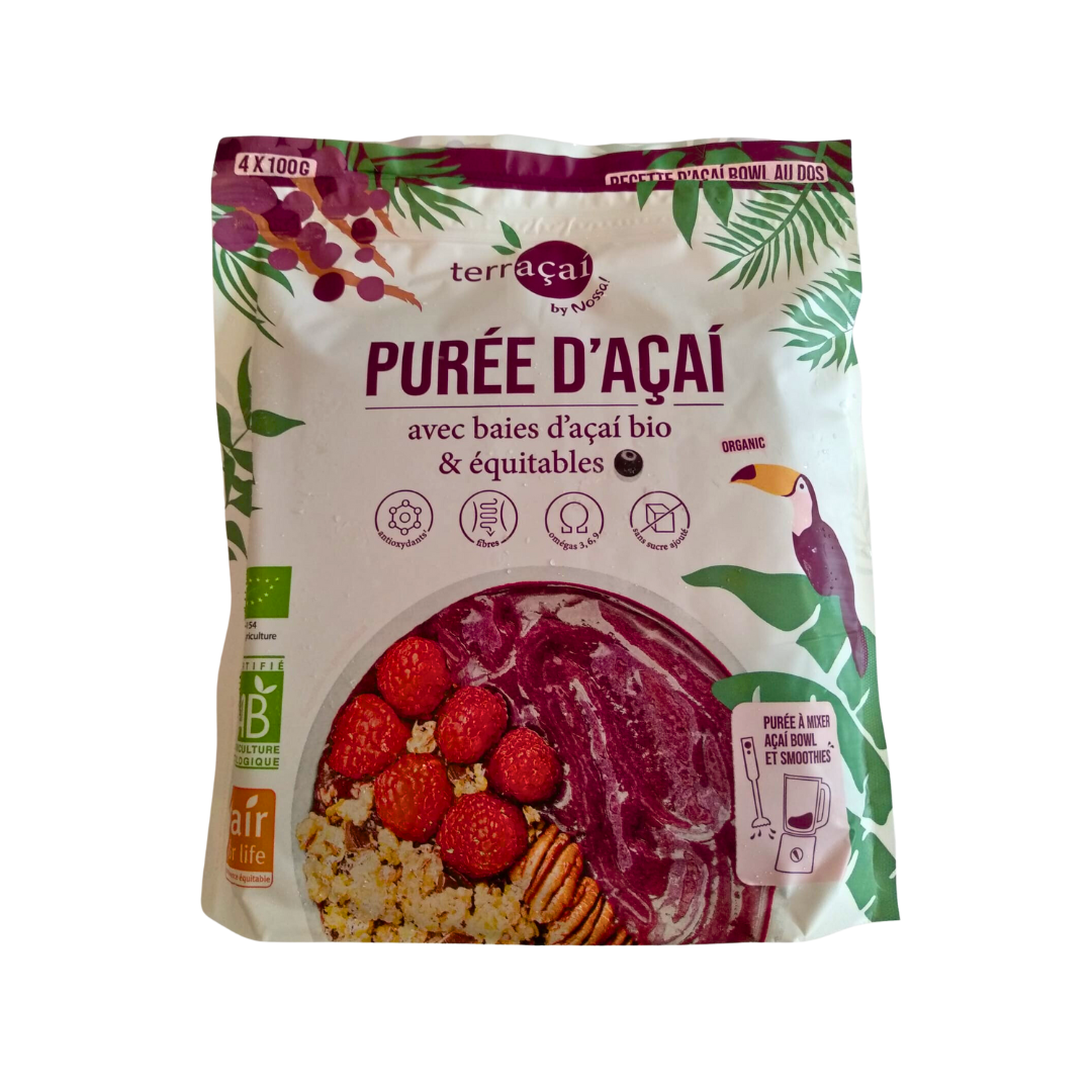 Pure Açaí - NOSSA PURÉE D' AÇAÍ AVEC BAIES D'AÇAÍ BIO ÉQUITABLES - 4x100g - 400g (Surgelé - Frais de port payés séparément après avoir finalisé la commande sur le site)