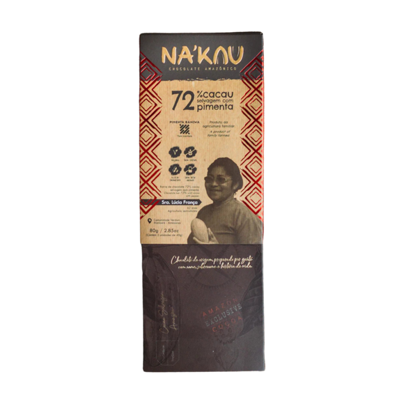 Chocolate 72% Cacau Orgânico com Pimenta Baniwa - NA'KAU - 80g