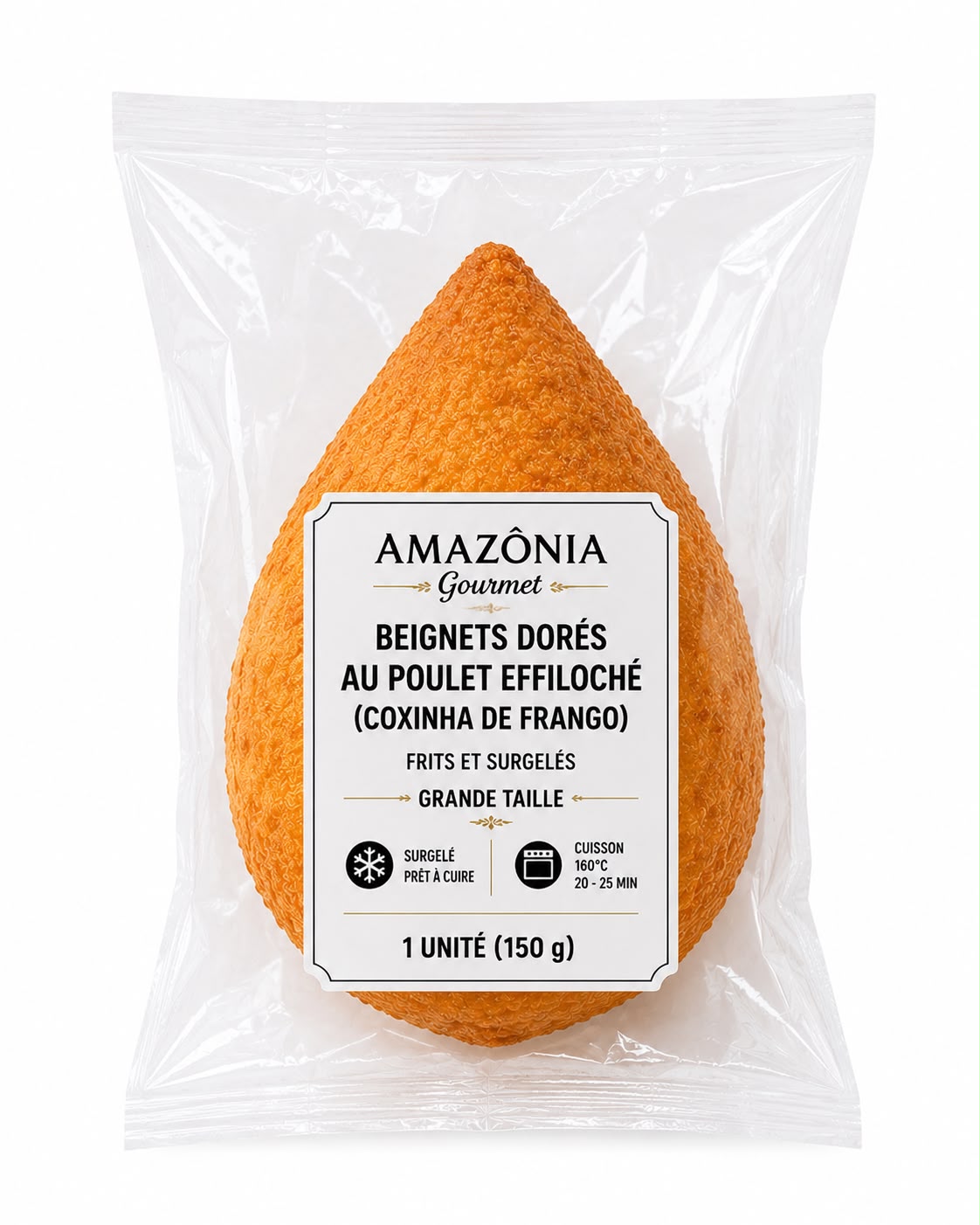 Beignets dorés au poulet effiloché (Coxinha de Frango) – frits et surgelés – Grande Taille – 1 unité (150 g)