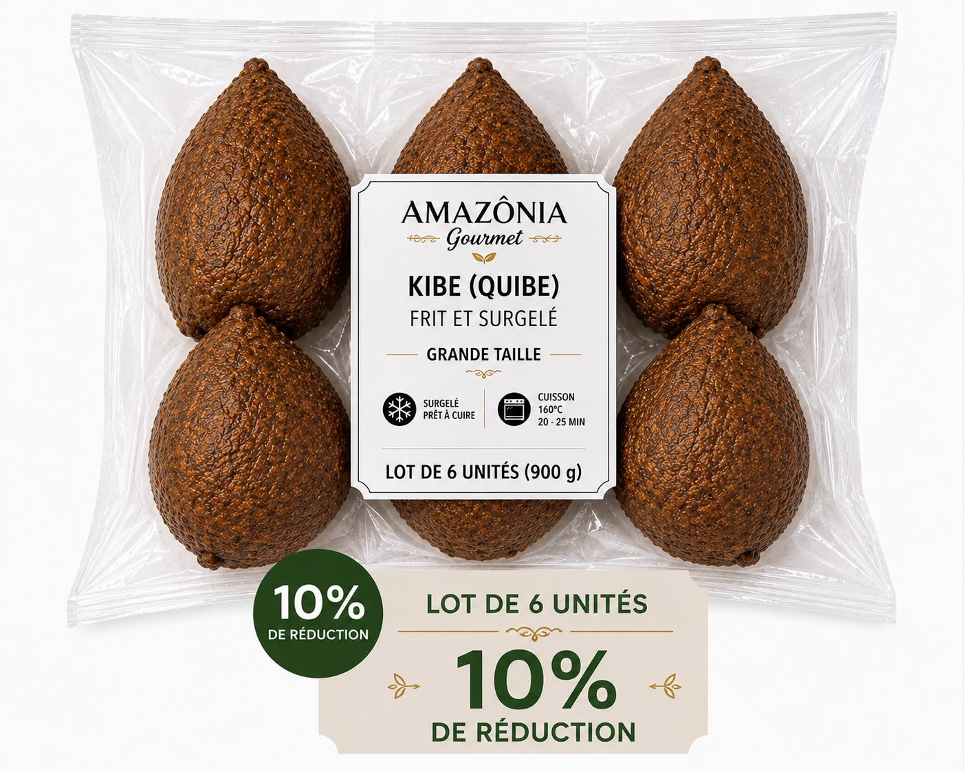Kibe (Quibe) frit et surgelé – Grande taille – Pack de 6 – 6 unités (900 g)