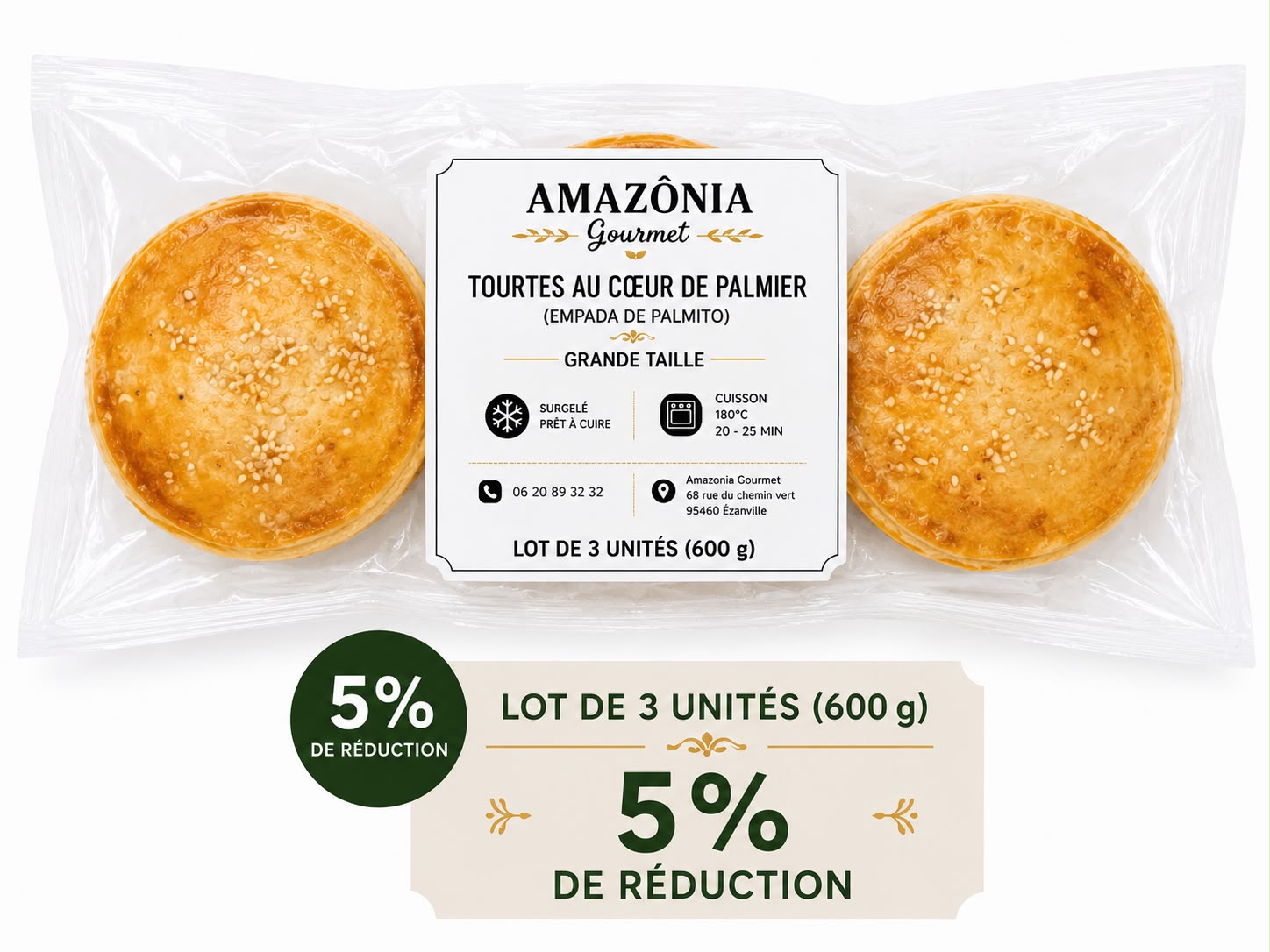 Tourtes au cœur de palmier (Empada de palmito) – Grande Taille – Pack de 3 – 3 unités de 200 g (600 g)