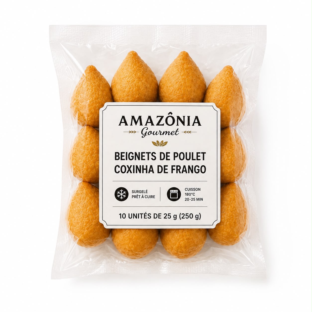 Beignets dorés au poulet effiloché (Coxinha de Frango) – frits et surgelés – 10 unités de 25 g (250 g)