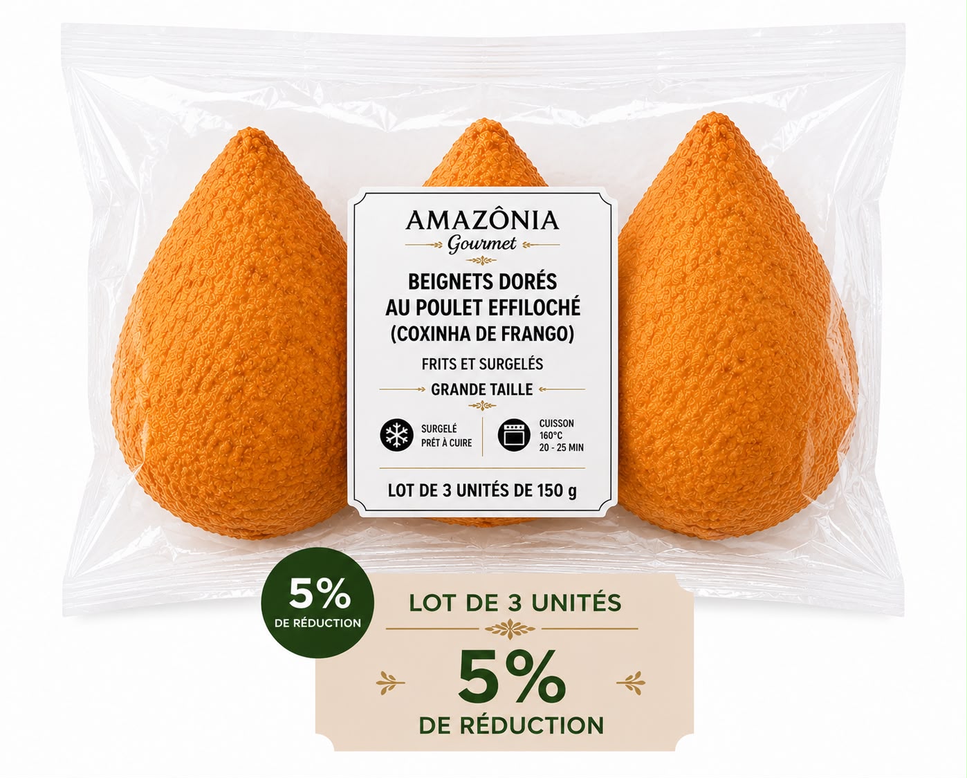 Beignets dorés au poulet effiloché (Coxinha de Frango) – frits et surgelés – Grande taille – Pack de 3 – 3 unités de 150 g (450 g)