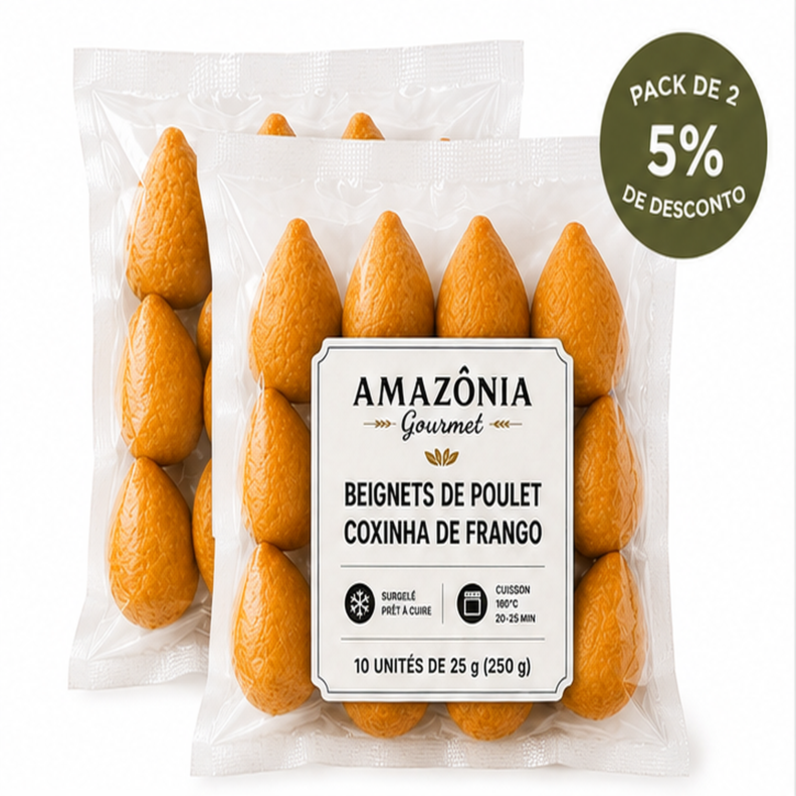 Beignets dorés au poulet effiloché (Coxinha de Frango) – frits et surgelés – Pack de 2 – 20 unités de 25 g (500 g)